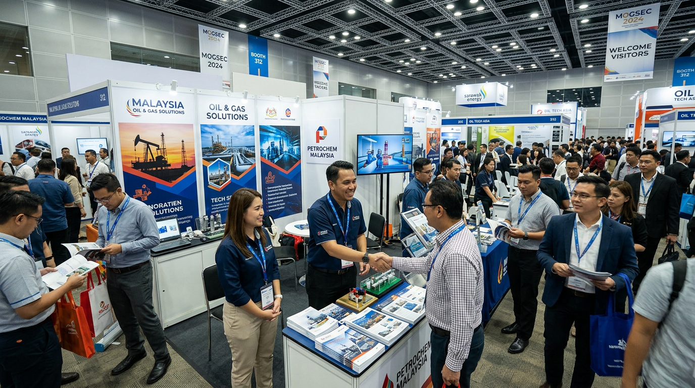Busy exhibition floor at an oil and gas trade show in Malaysia